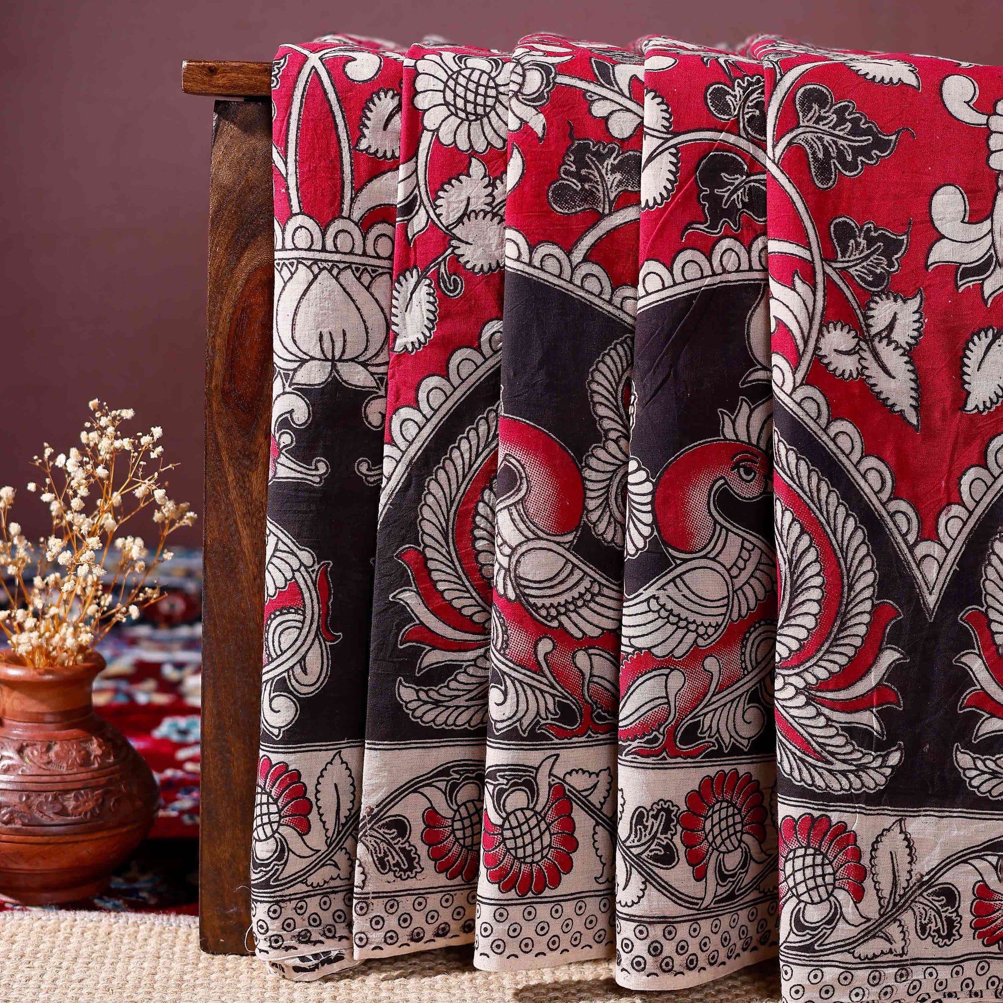 Handloom Kalamkari Cotton Saree Traditional Avian and Floral Motifs with Intricate Borders - Pink