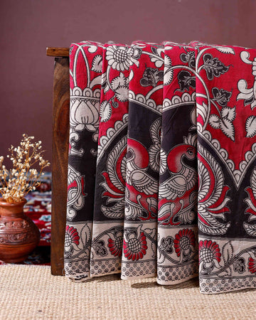 Handloom Kalamkari Cotton Saree Traditional Avian and Floral Motifs with Intricate Borders - Pink