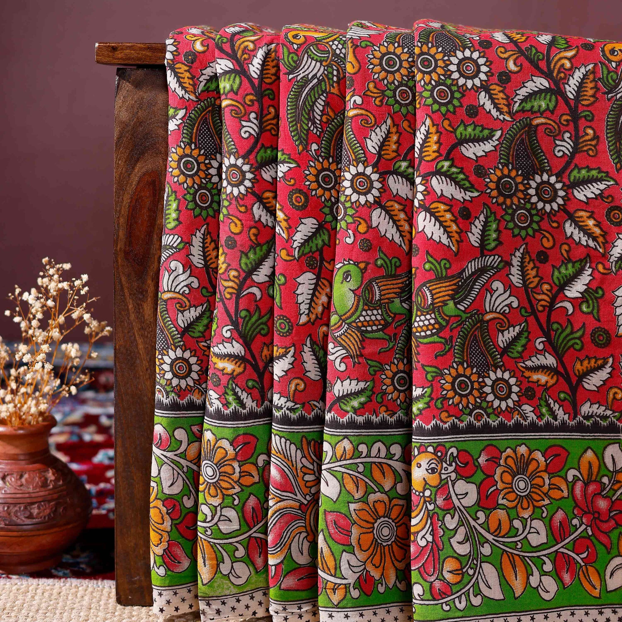 Traditional Kalamkari Cotton Saree with Intricate Floral and Avian Motifs - Red