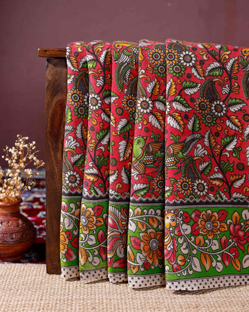 Traditional Kalamkari Cotton Saree with Intricate Floral and Avian Motifs - Red