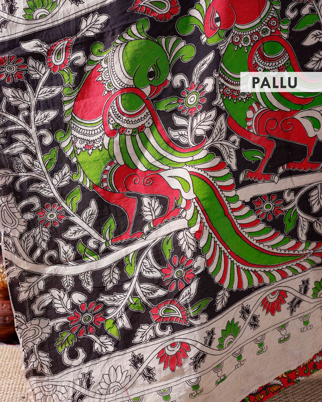 Traditional Kalamkari Cotton Saree with Intricate Floral and Avian Motifs - Red