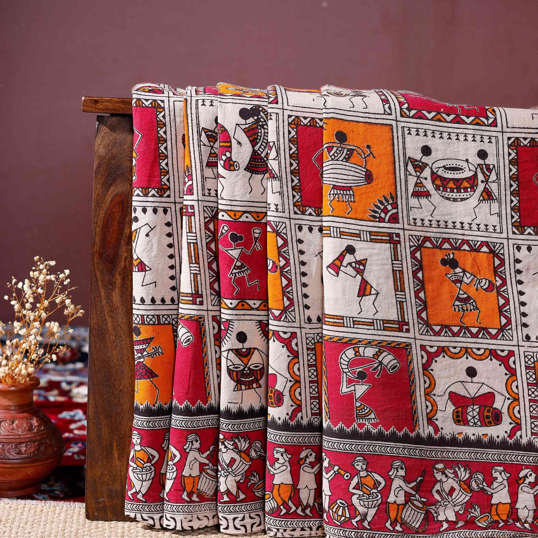 Handloom Traditional Kalamkari Cotton Saree with Mythological and Folk Motifs - Multi