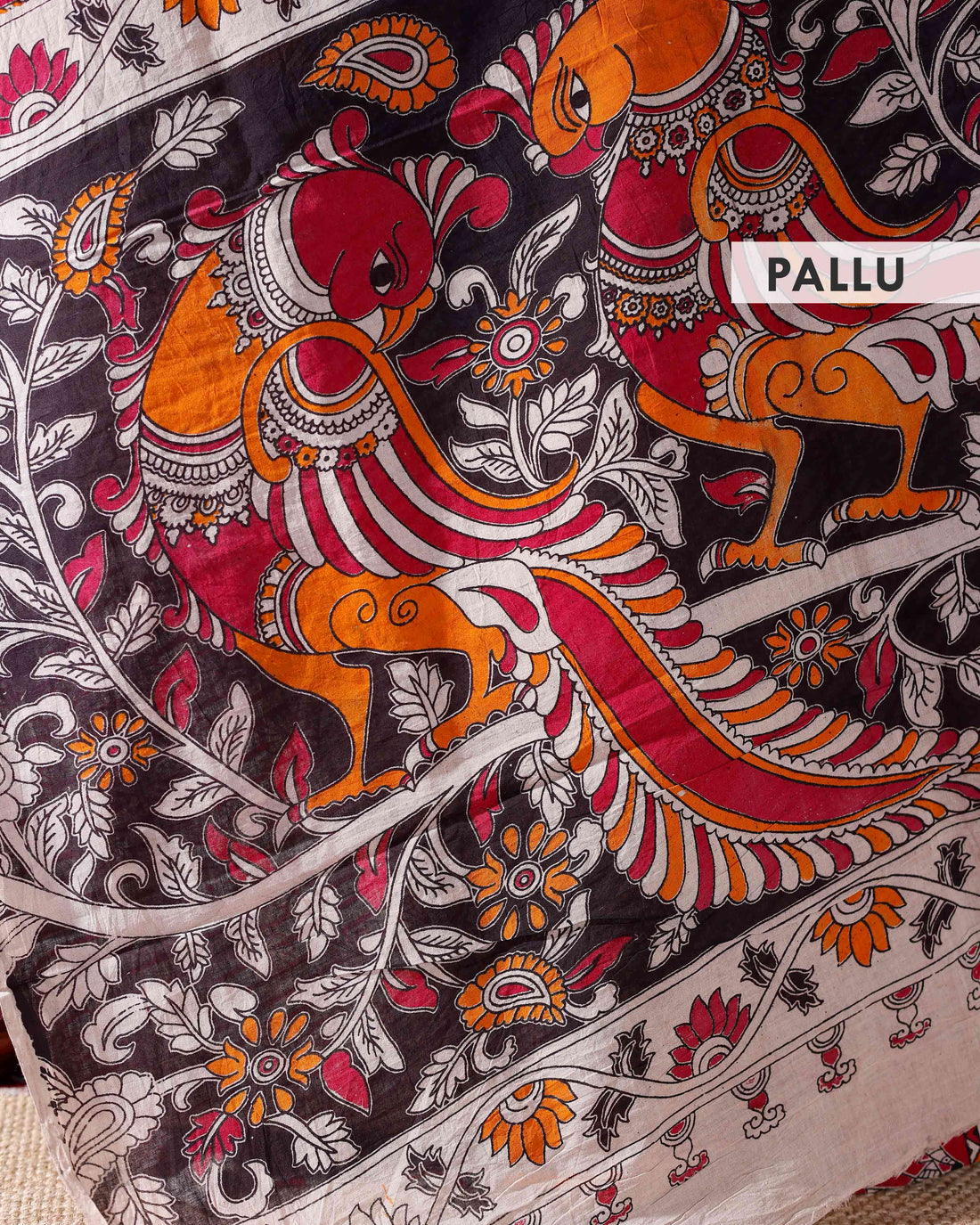 Handloom Traditional Kalamkari Cotton Saree with Mythological and Folk Motifs - Multi