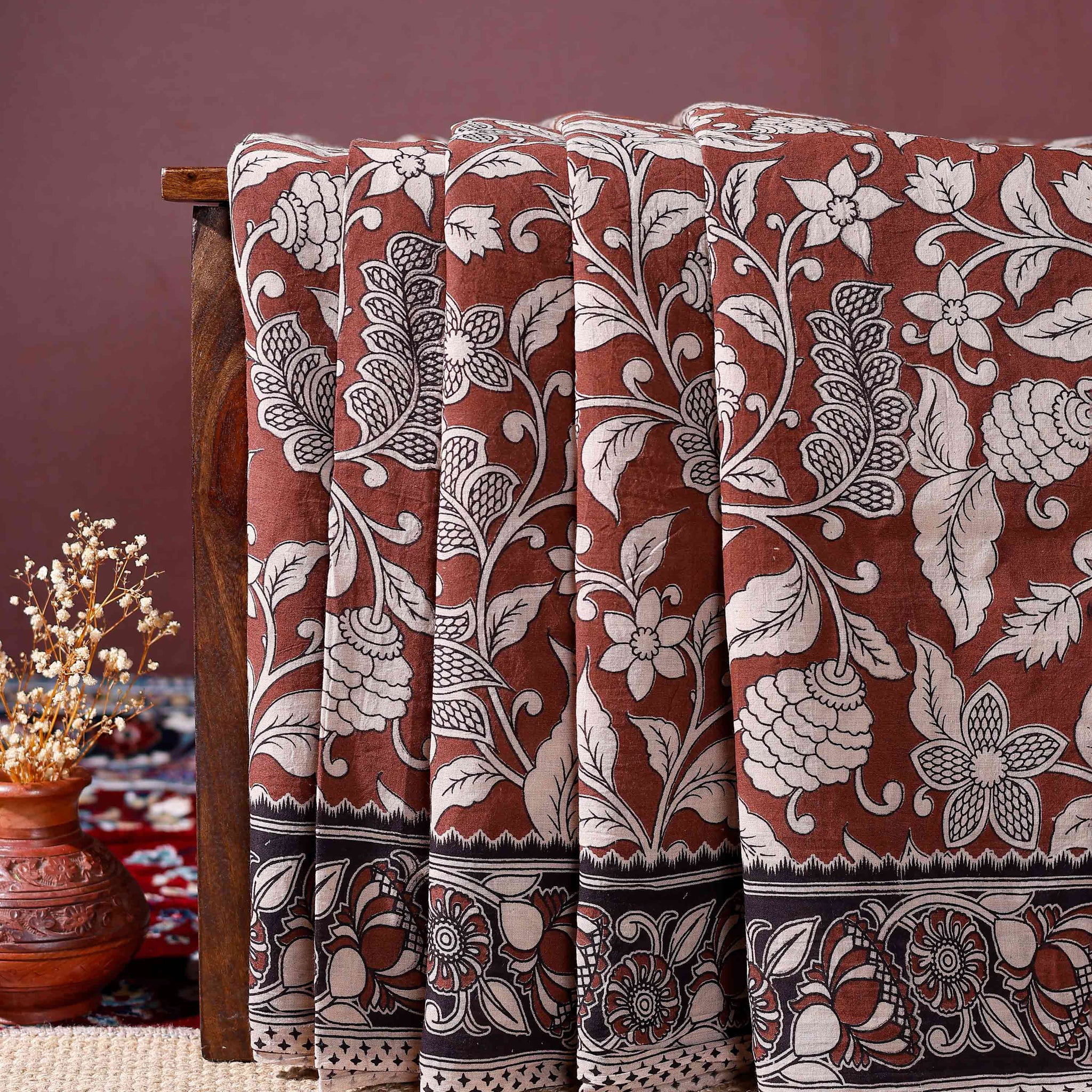 Handloom Kalamkari Cotton Saree with Traditional Floral Motifs -Brown