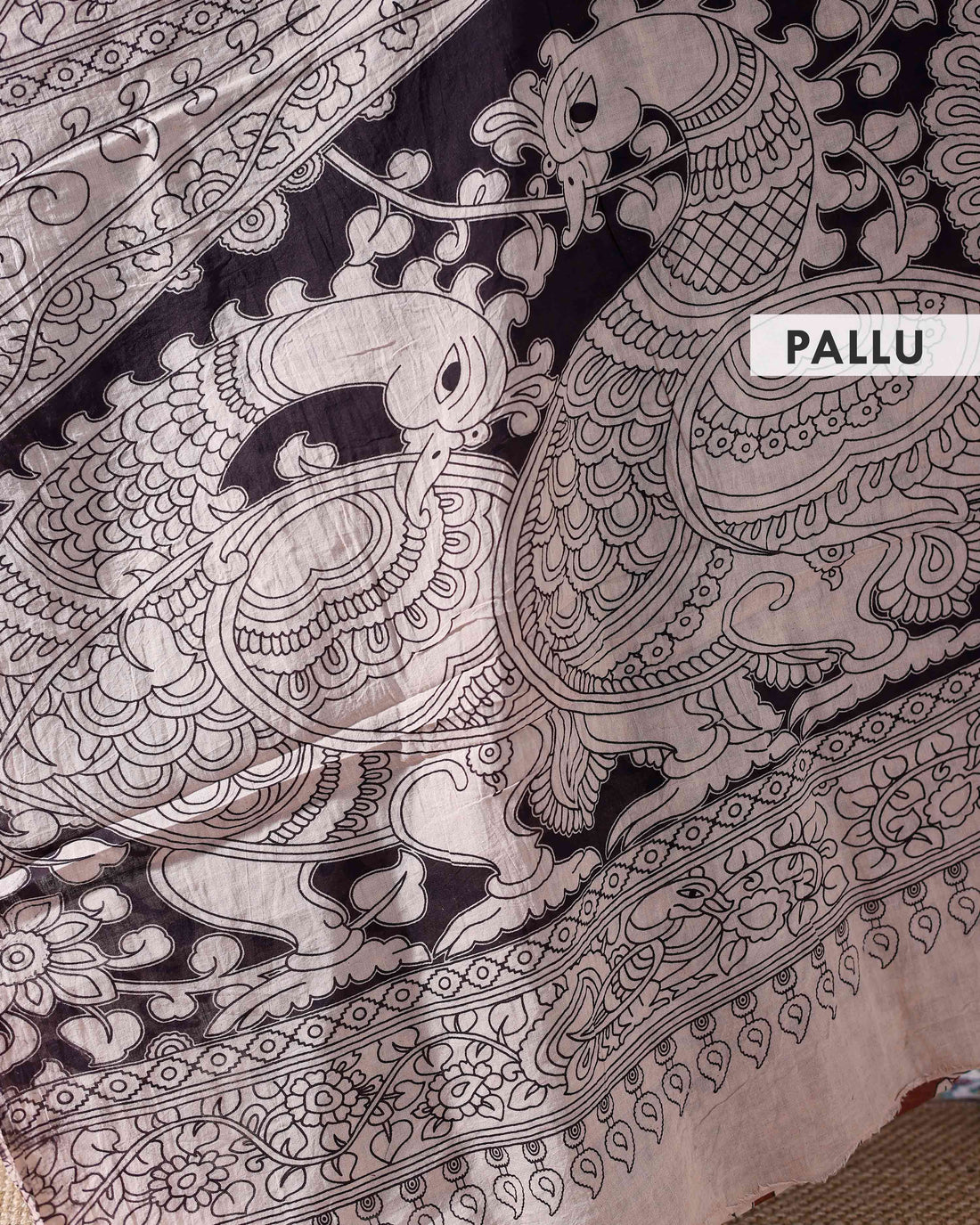 Handloom Kalamkari Cotton Saree with Traditional Floral Motifs -Brown