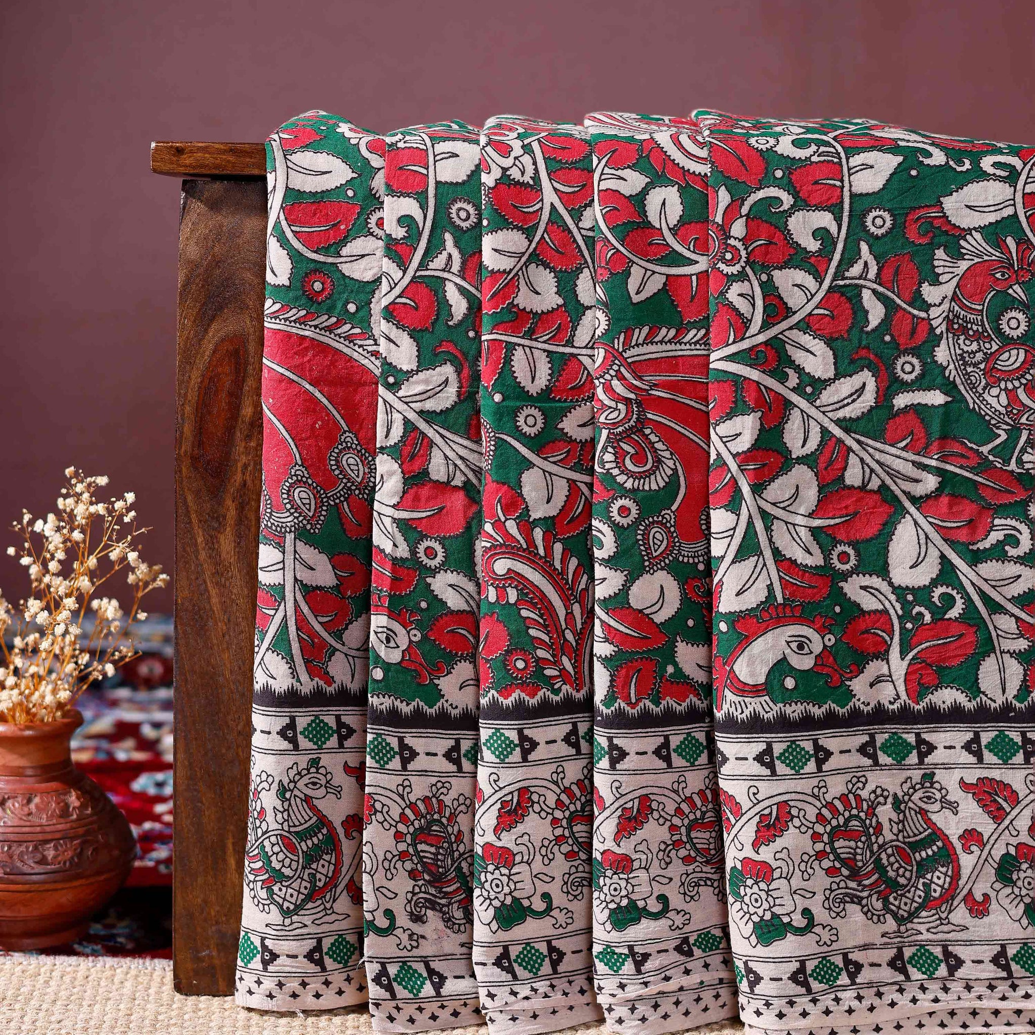 Handloom Kalamkari Cotton Saree with Traditional Floral and Peacock Motifs  - Red
