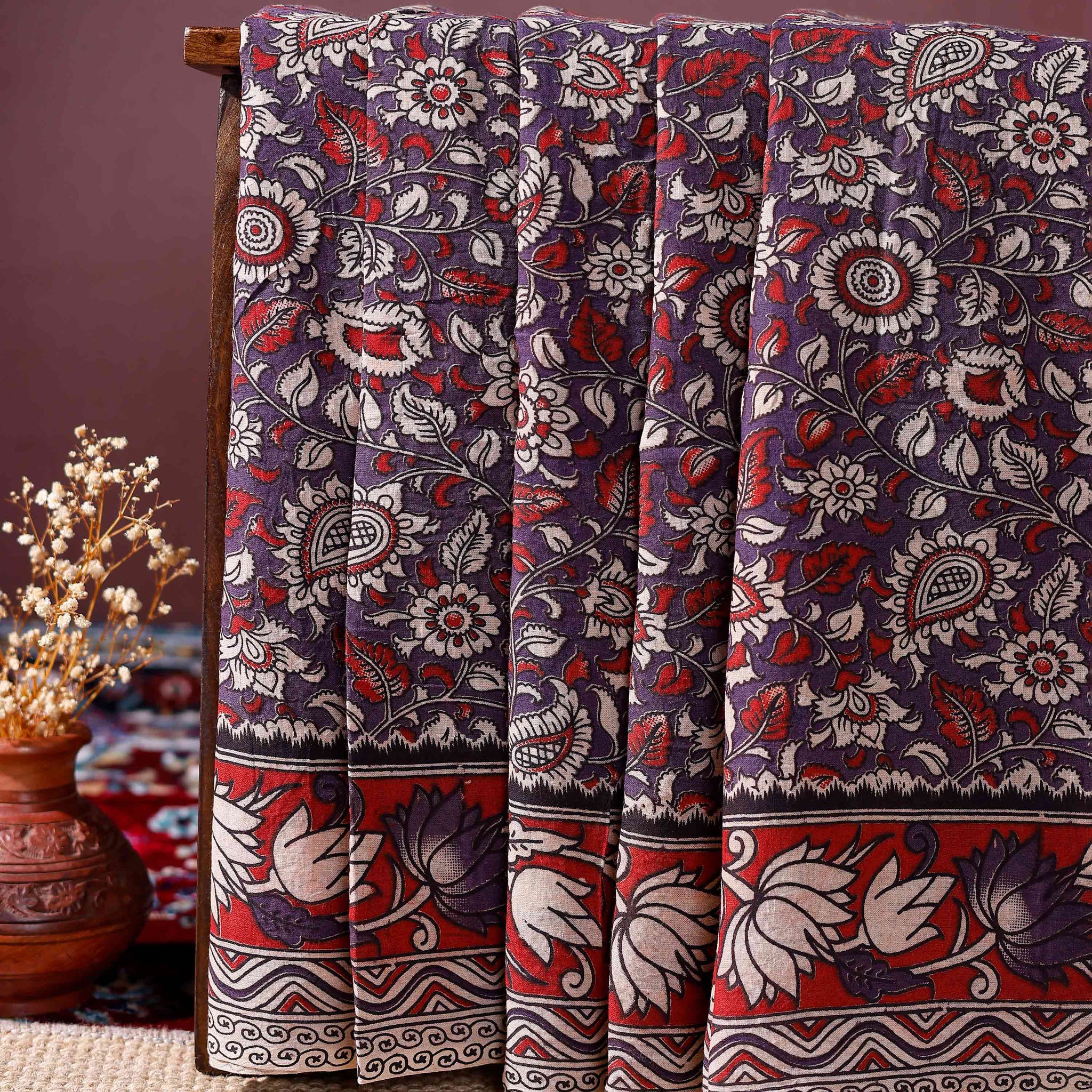 Handloom Kalamkari Cotton Saree with Traditional Floral and Paisley Motifs - Purple