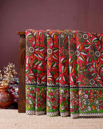 Traditional Kalamkari Print Cotton Saree with Intricate Floral and Peacock Motifs - Red