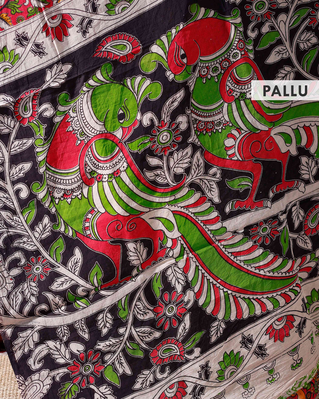 Traditional Kalamkari Print Cotton Saree with Intricate Floral and Peacock Motifs - Red