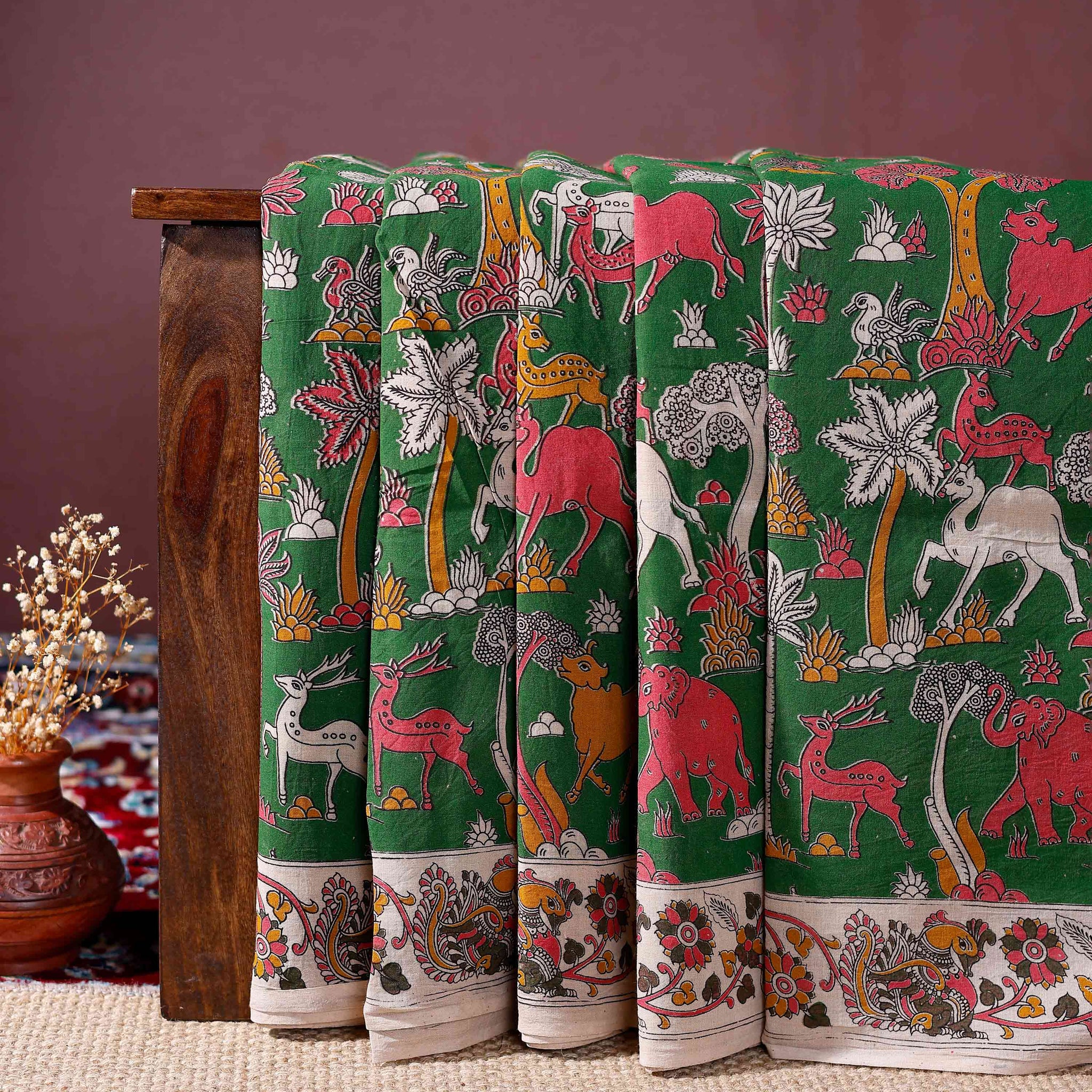 Handcrafted Kalamkari Cotton Saree with Traditional Animal and Nature Motifs - Green