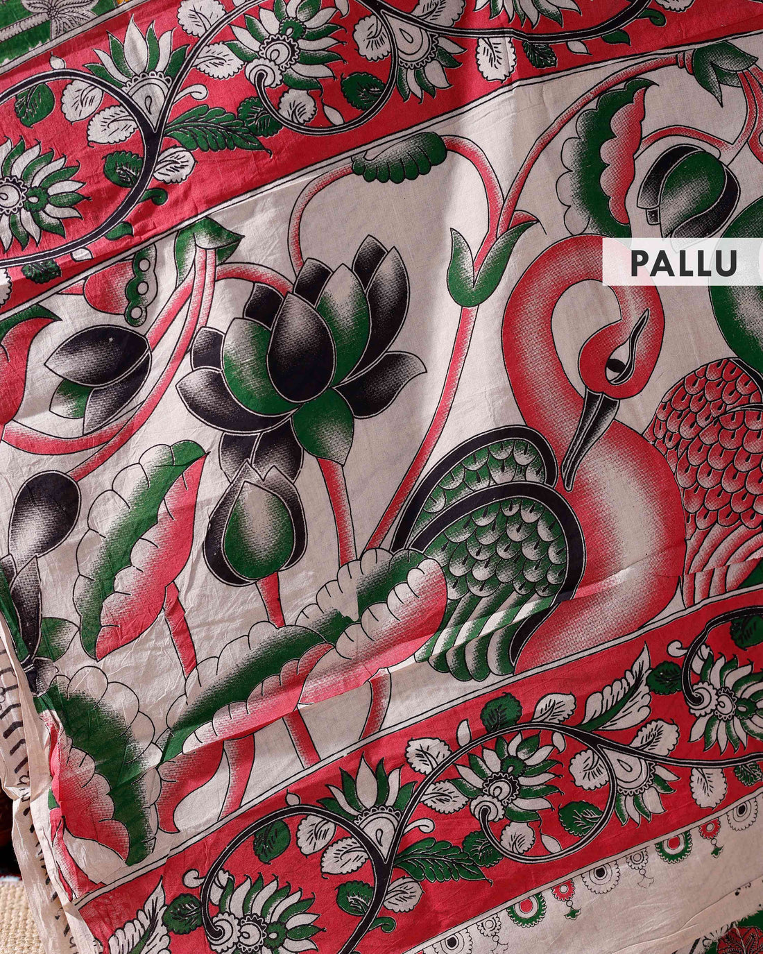 Handcrafted Kalamkari Cotton Saree with Traditional Animal and Nature Motifs - Green