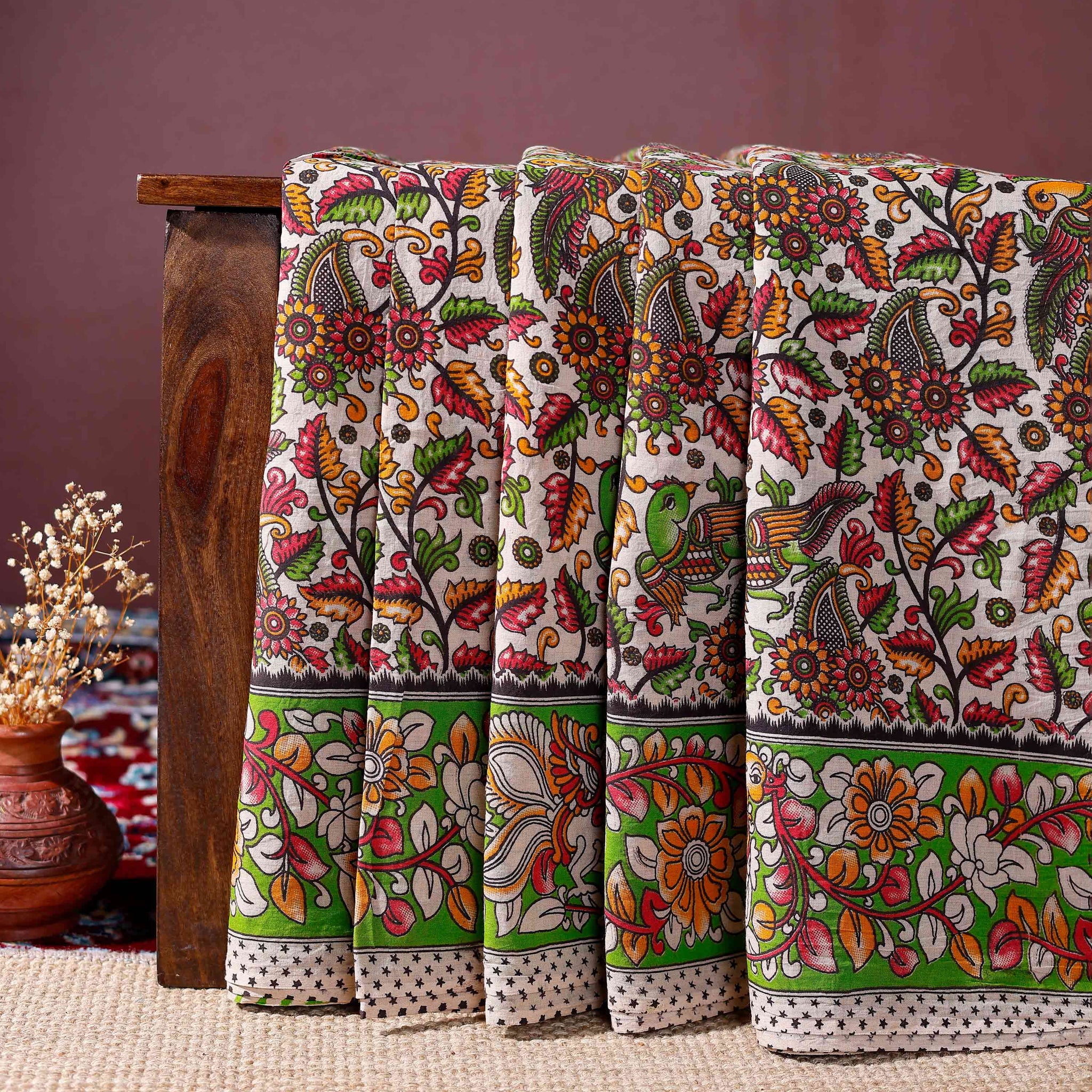 Handcrafted Kalamkari Cotton Saree with Floral and Bird Motifs - Cream