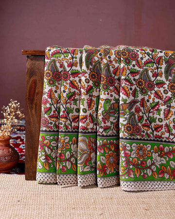 Handcrafted Kalamkari Cotton Saree with Floral and Bird Motifs - Cream