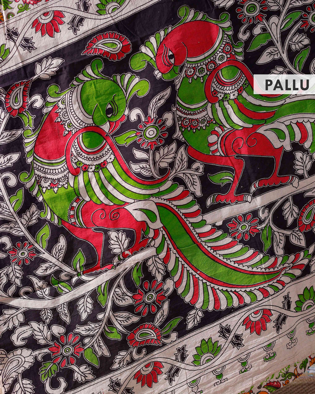 Handcrafted Kalamkari Cotton Saree with Floral and Bird Motifs - Cream
