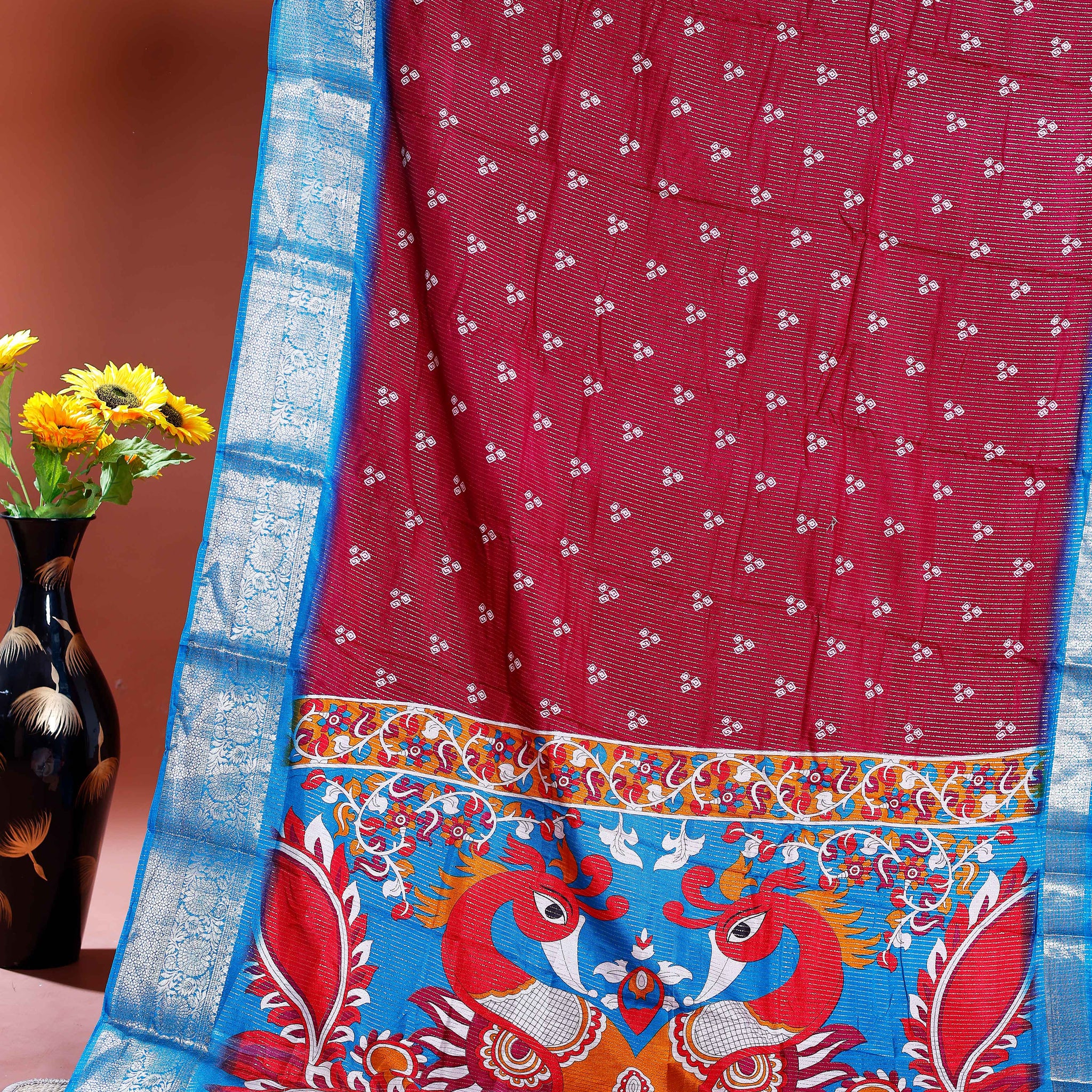 Elegant Dola Silk Saree with Intricate Peacock Border and All-Over Buti Design -Maroon