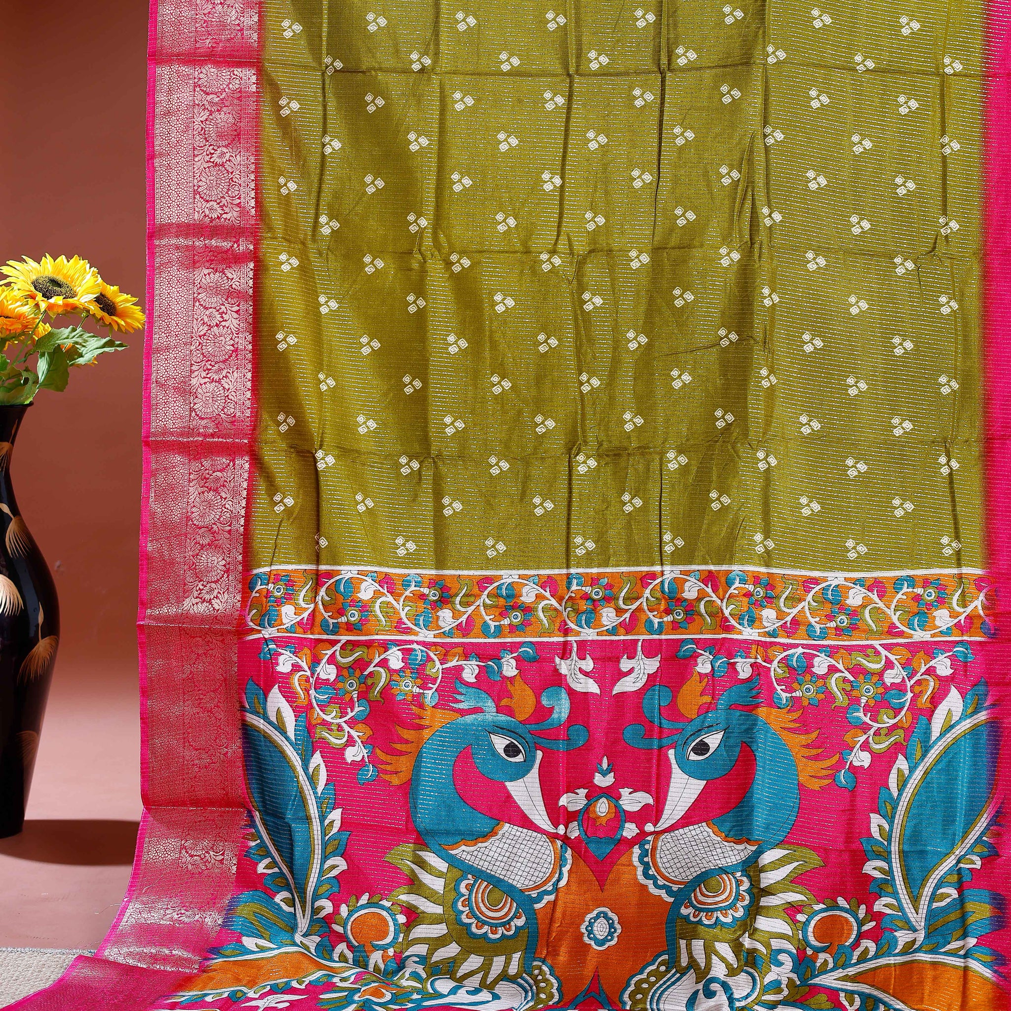 Elegant Dola Silk Saree with Traditional Peacock and Floral Motifs Border - Green
