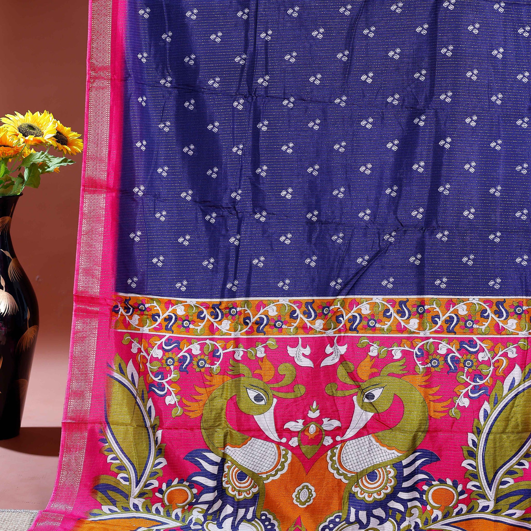 Elegant Dola Silk Saree with Traditional Peacock and Floral Motifs Border - Blue