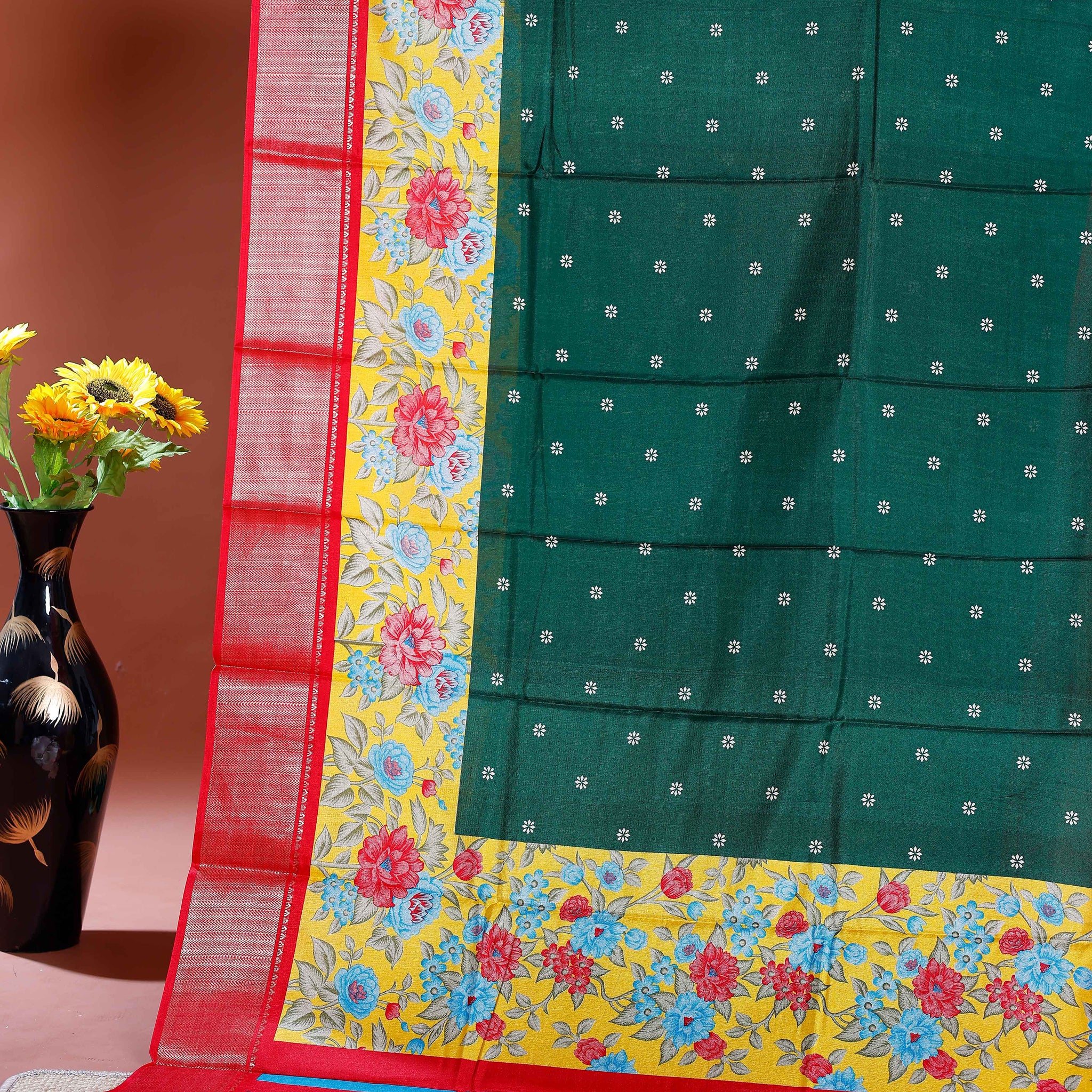 Elegant Dola Silk Saree with Floral Printed Border and Embellished Pallu - Green