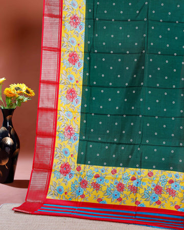 Elegant Dola Silk Saree with Floral Printed Border and Embellished Pallu - Green