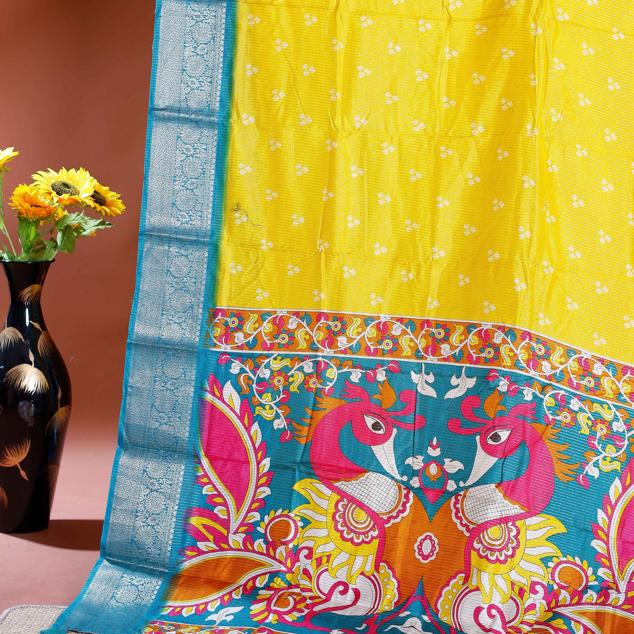 Elegant Dola Silk Saree with Traditional Peacock and Floral Motifs Border - Yellow