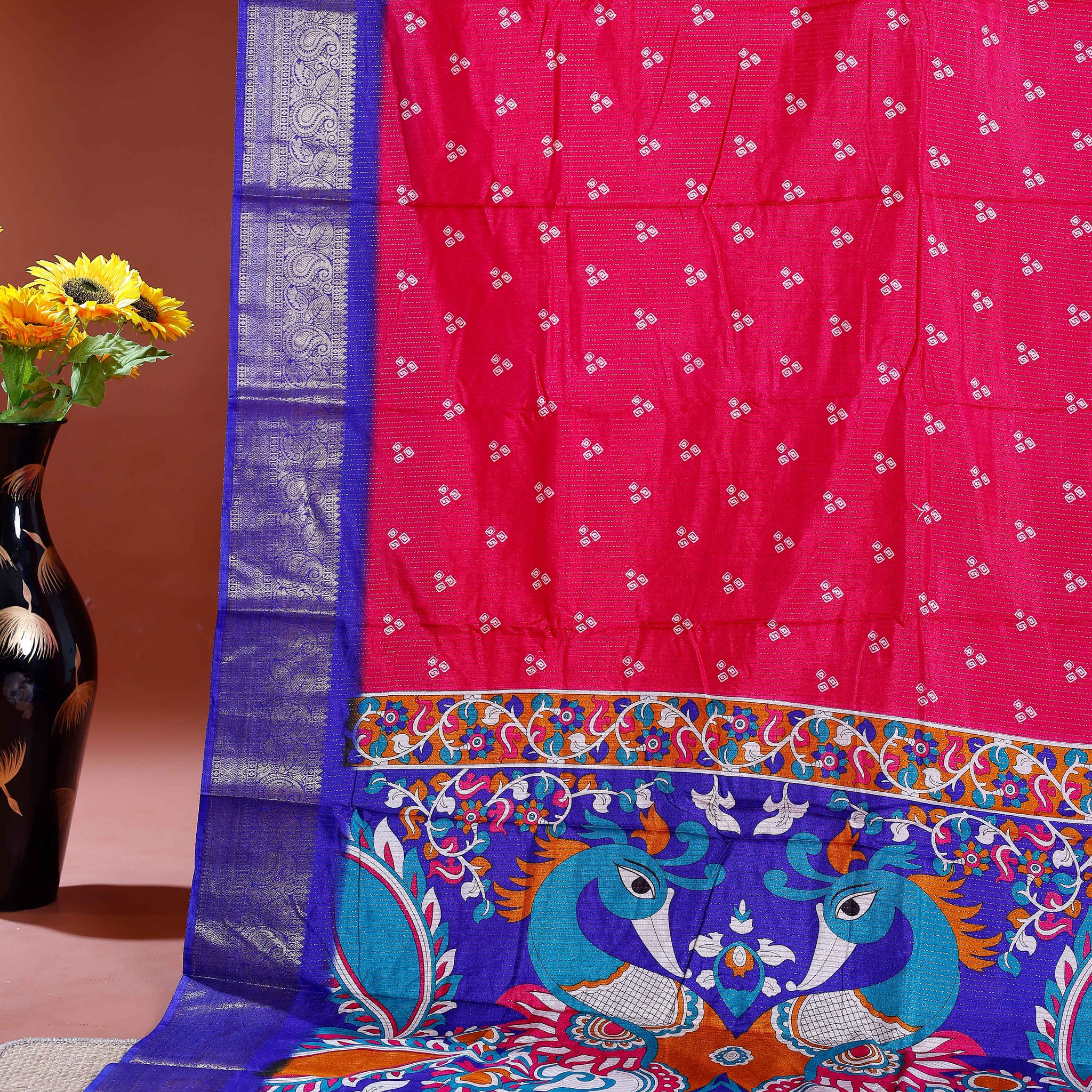 Elegant Dola Silk Saree with Traditional Peacock and Floral Motifs Border - Magenta