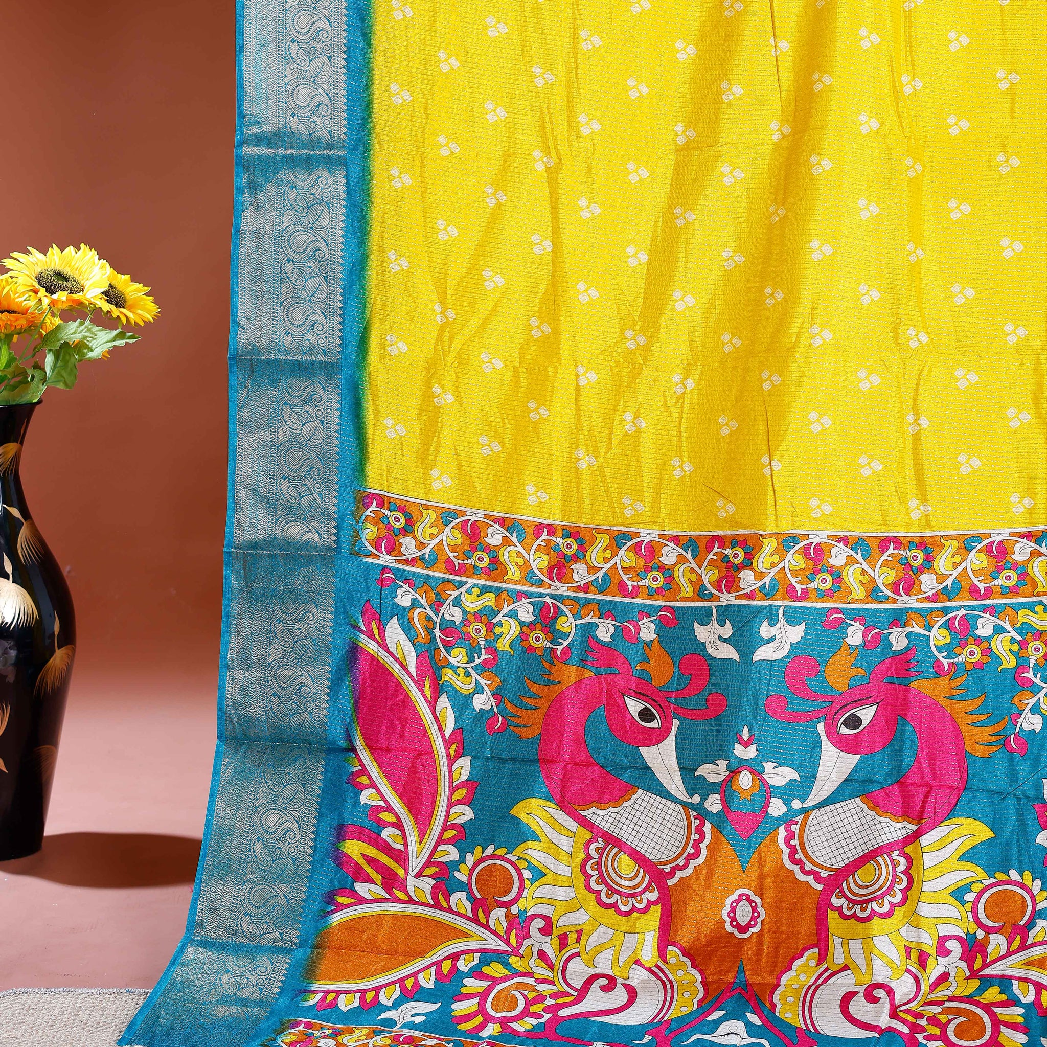 Elegant Dola Silk Saree with Traditional Peacock and Floral Motifs Border - Yellow