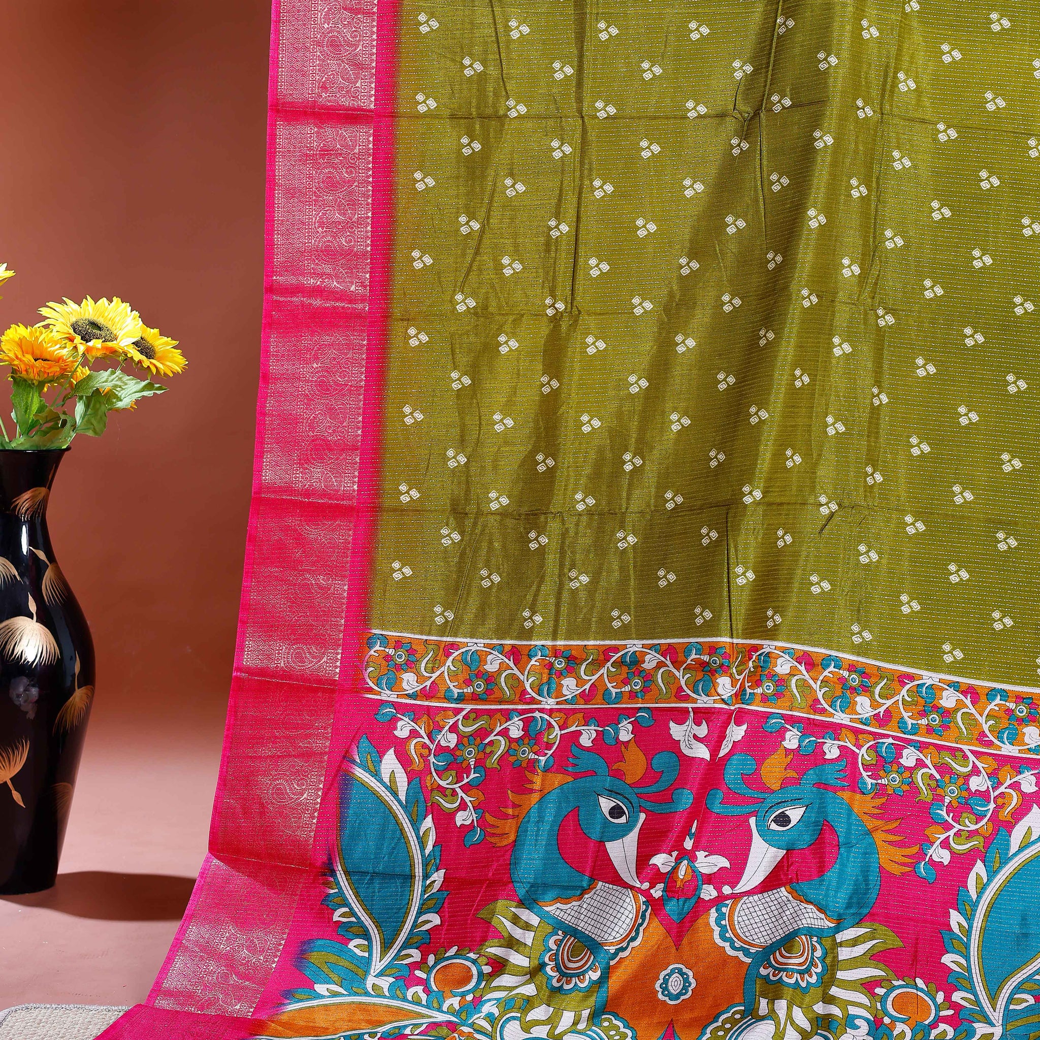 Elegant Dola Silk Saree with Traditional Peacock and Floral Motifs Border - Green