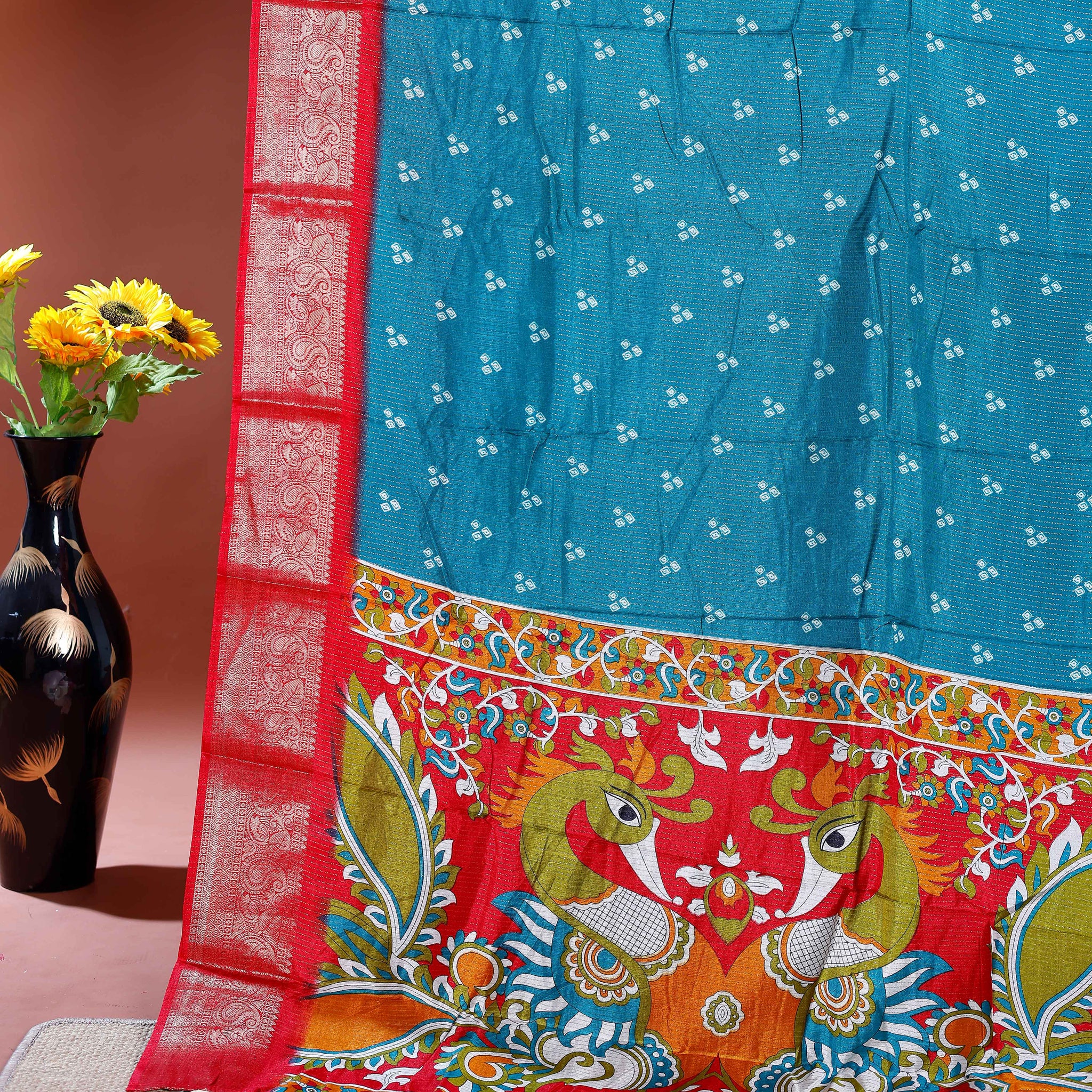 Elegant Dola Silk Saree with Traditional Peacock and Floral Motifs Border -Blue