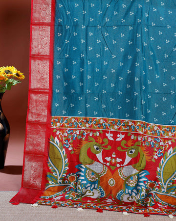 Elegant Dola Silk Saree with Traditional Peacock and Floral Motifs Border - Teal