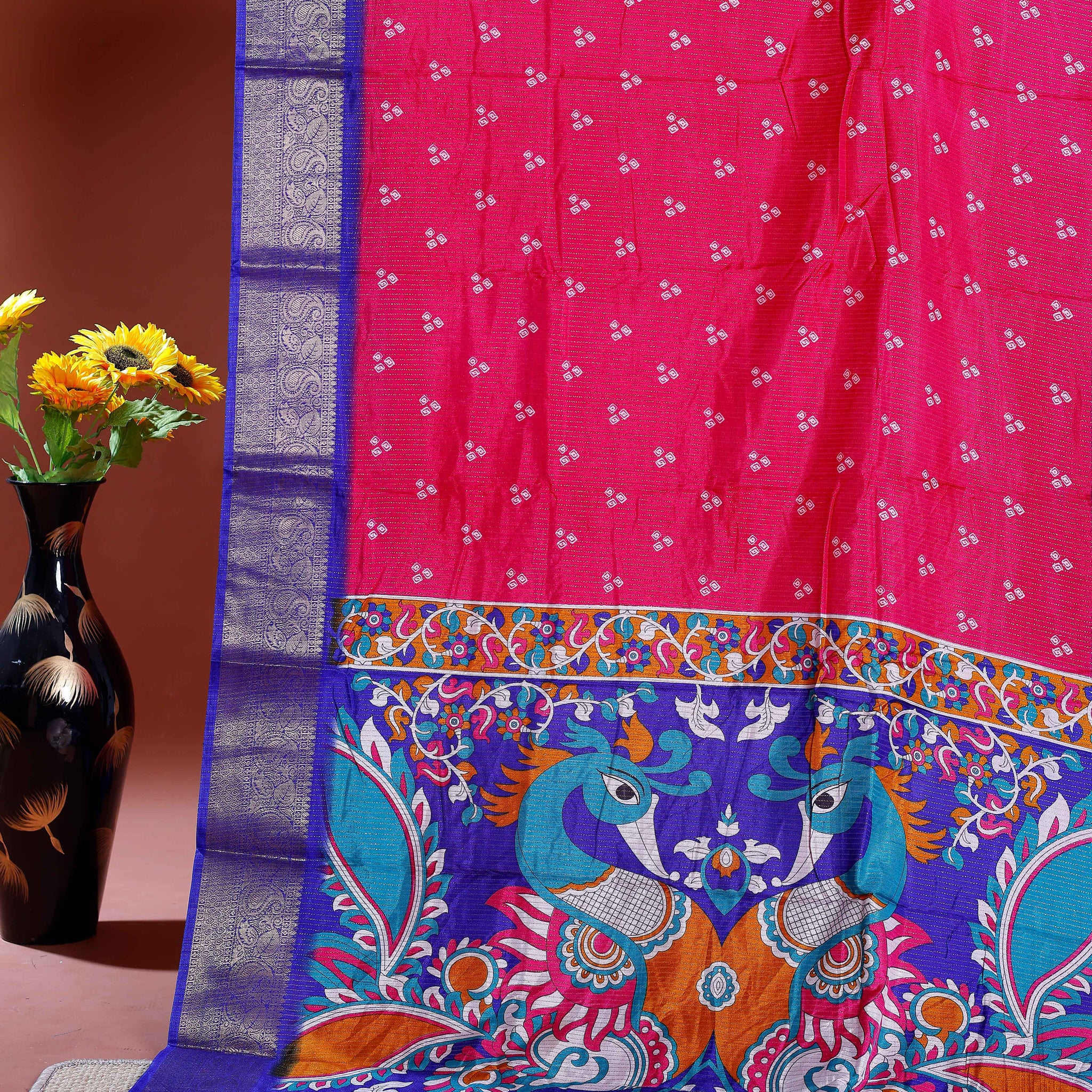 Elegant Dola Silk Saree with Traditional Peacock and Floral Motifs Border - Pink