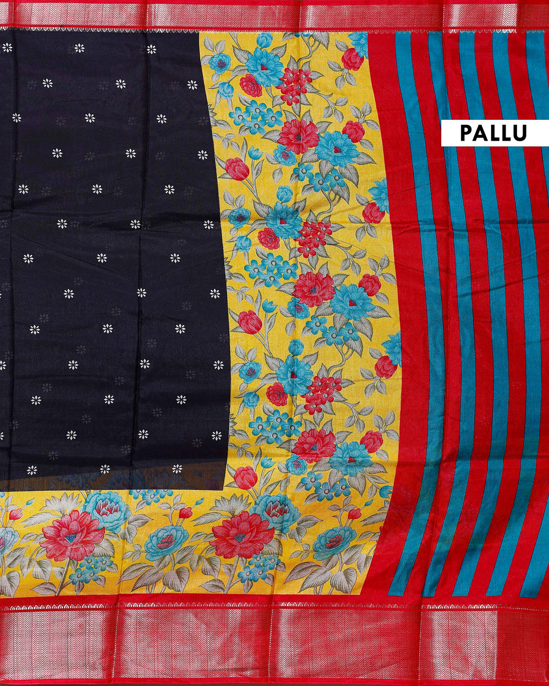 Elegant Dola Silk Saree with Floral Printed Border and Intricate Self-Patterned Body - Black