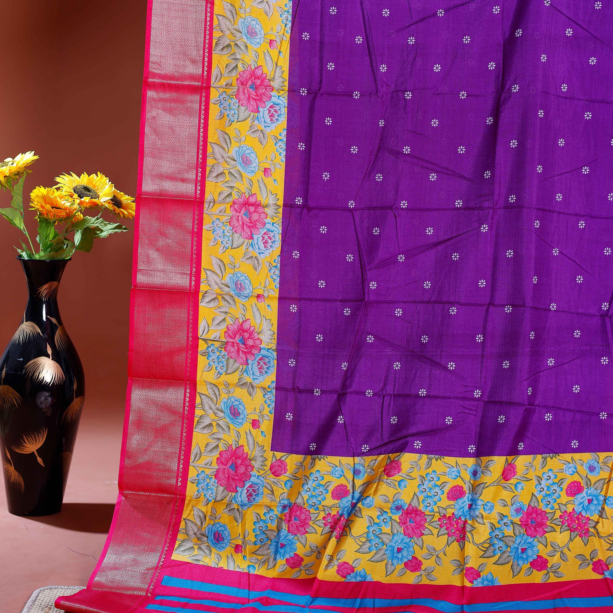 Elegant Dola Silk Saree with Floral Printed Border and Intricate Self-Patterned Body - Purple