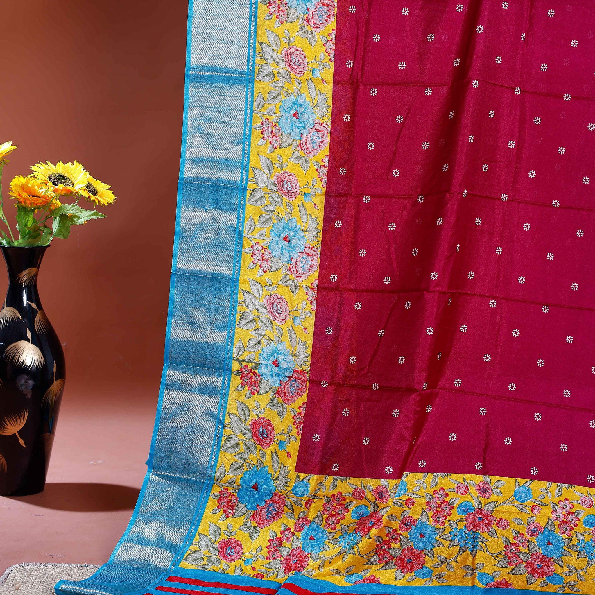 Elegant Dola Silk Saree with Floral Printed Border and Intricate Self-Patterned Body - Maroon