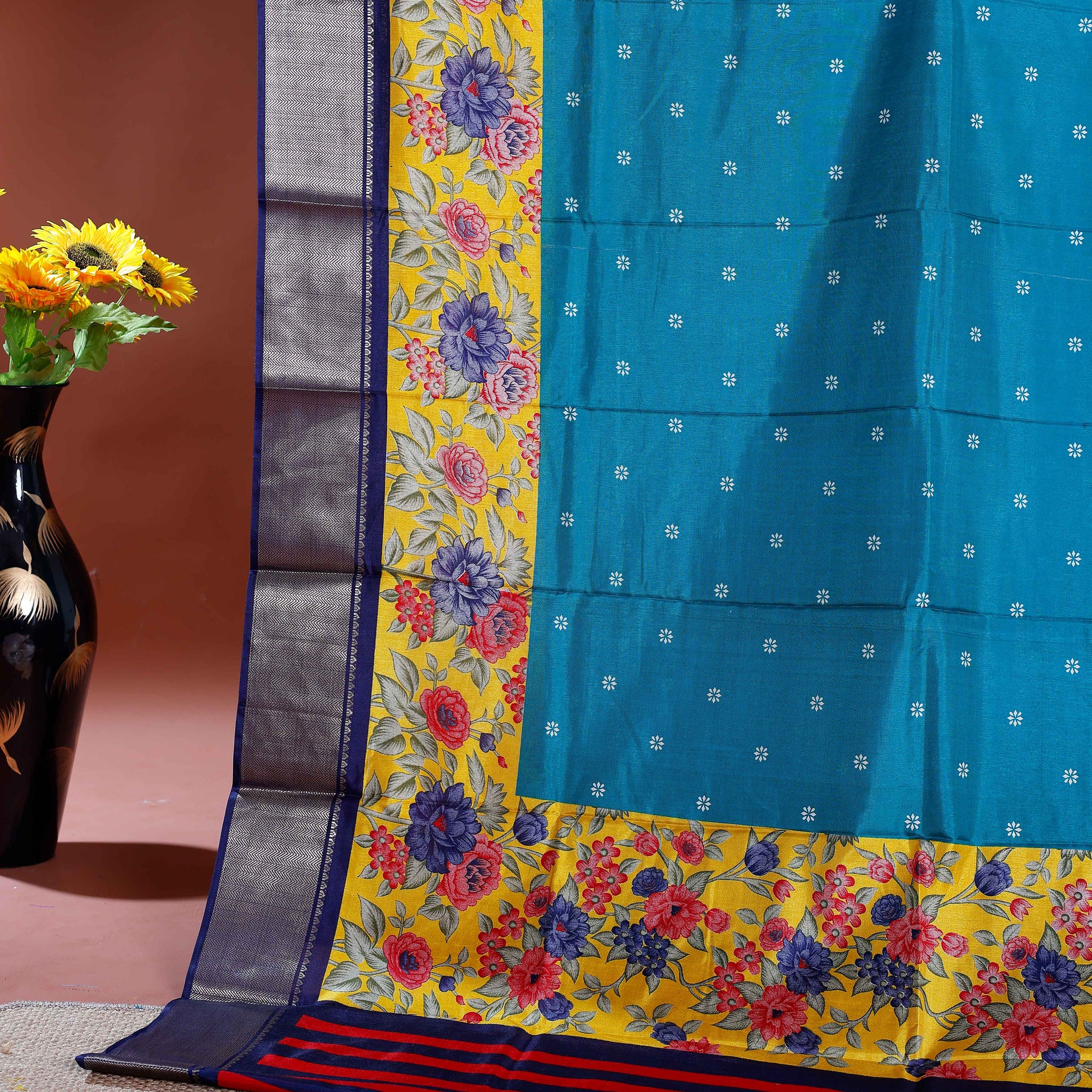 Elegant Dola Silk Saree with Floral Printed Border and Intricate Self-Patterned Body - Teal