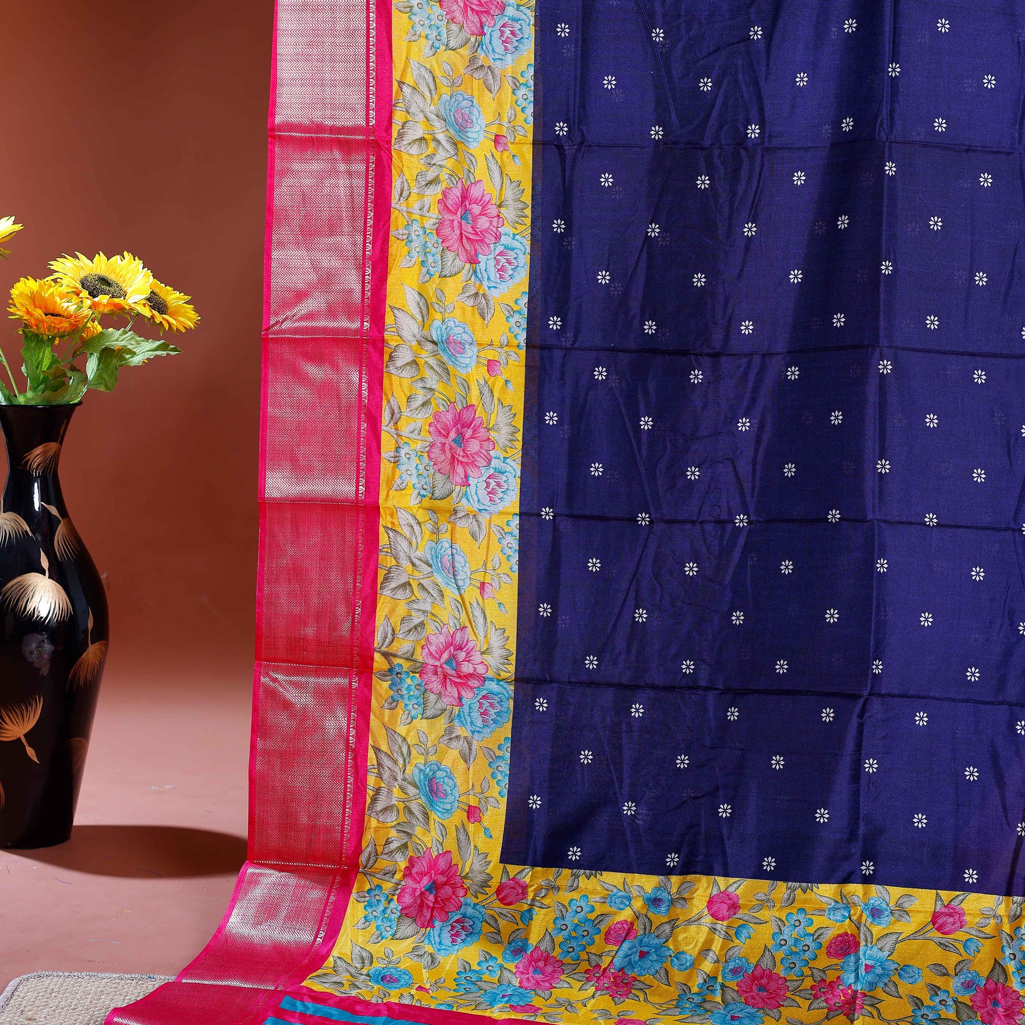 Elegant Dola Silk Saree with Floral Printed Border and Intricate Self-Patterned Body - Blue