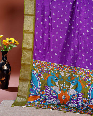 Elegant Dola Silk Saree with Traditional Peacock and Floral Motifs Border - Purple