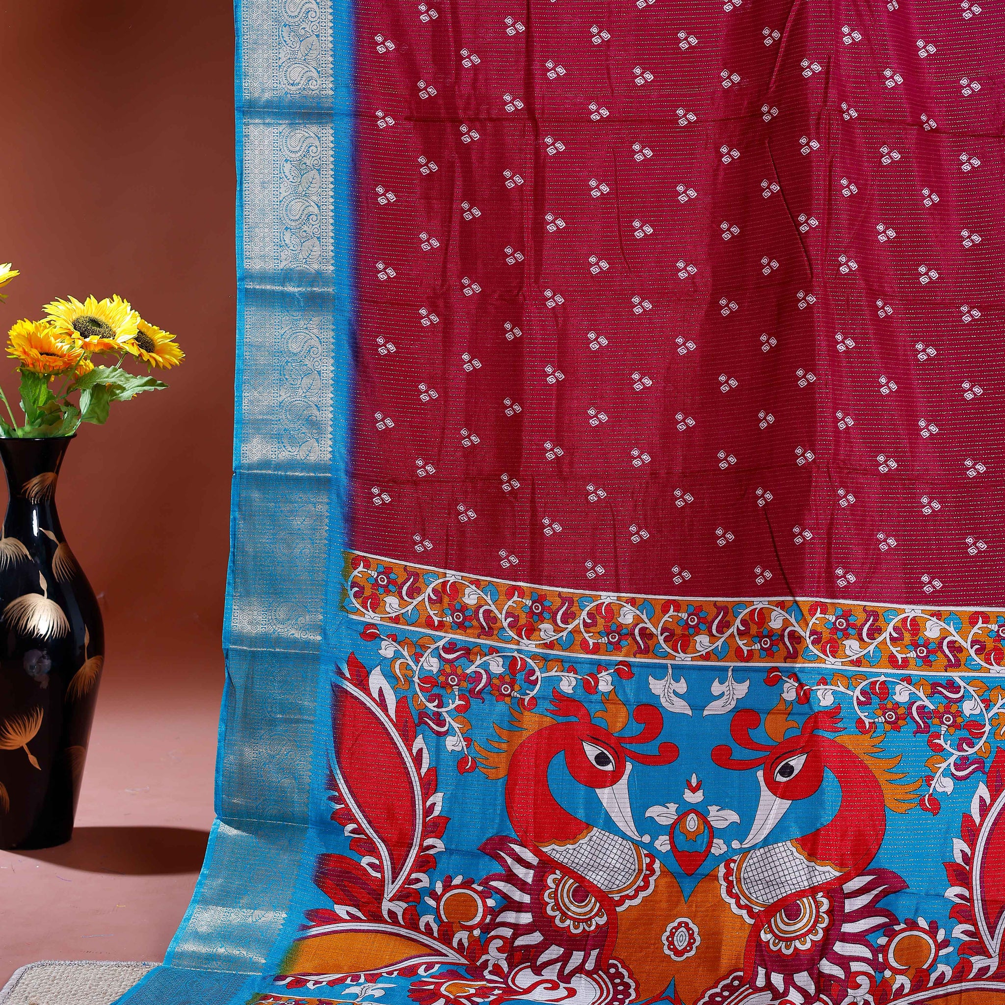Elegant Dola Silk Saree with Traditional Peacock and Floral Motifs Border - Maroon