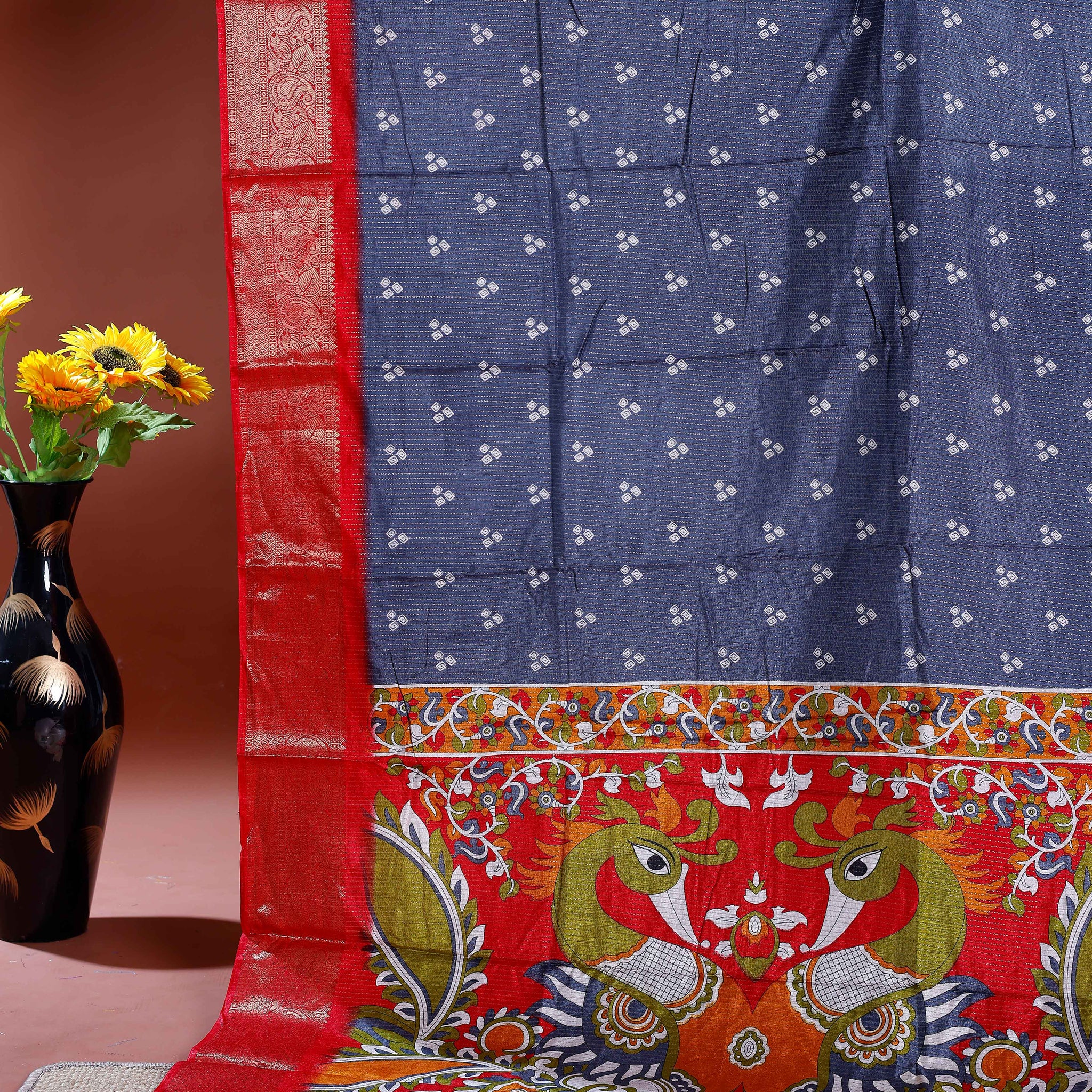 Elegant Dola Silk Saree with Traditional Peacock and Floral Motifs Border - Grey
