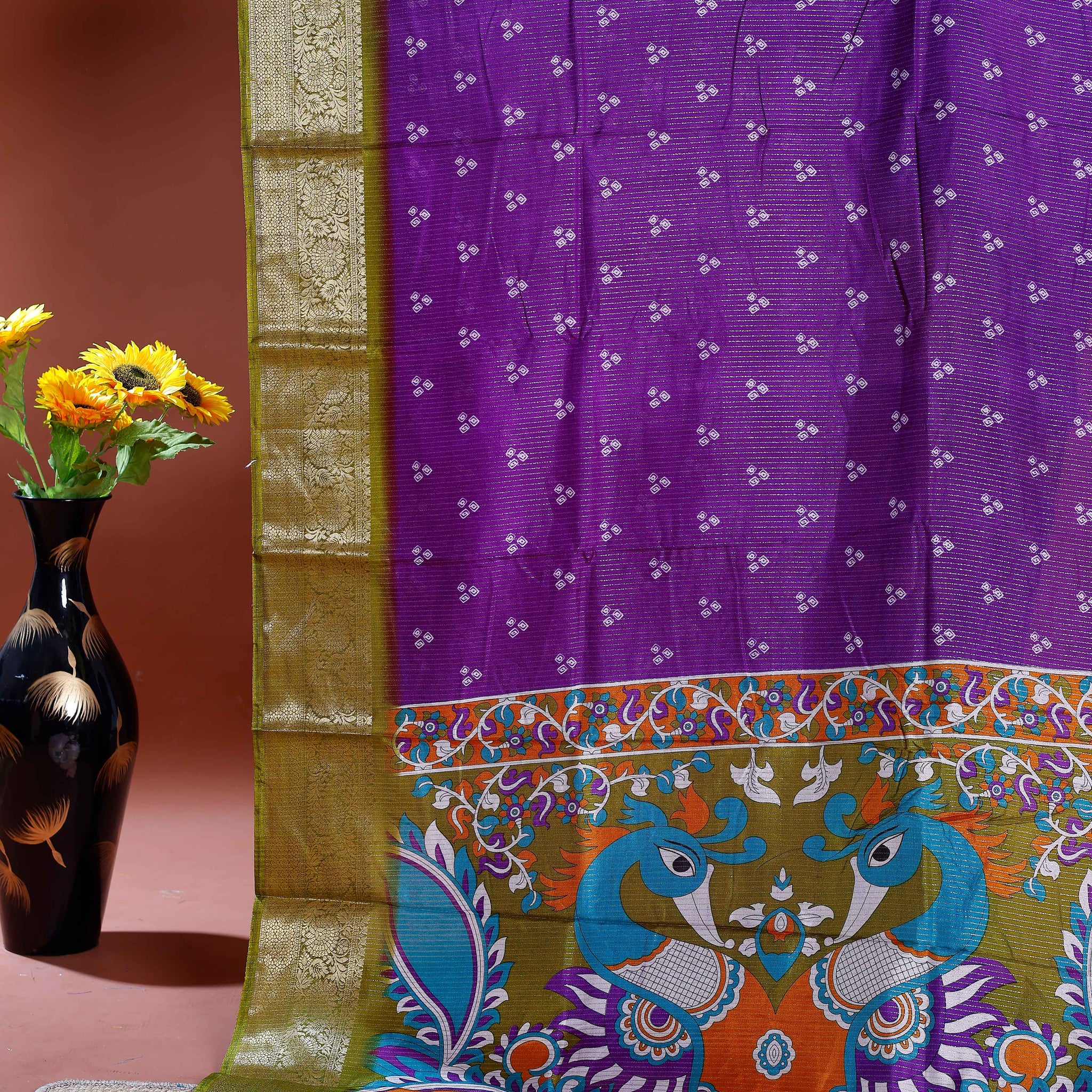 Elegant Dola Silk Saree with Traditional Peacock and Floral Motifs Border - Purple