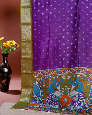 Elegant Dola Silk Saree with Traditional Peacock and Floral Motifs Border - Purple