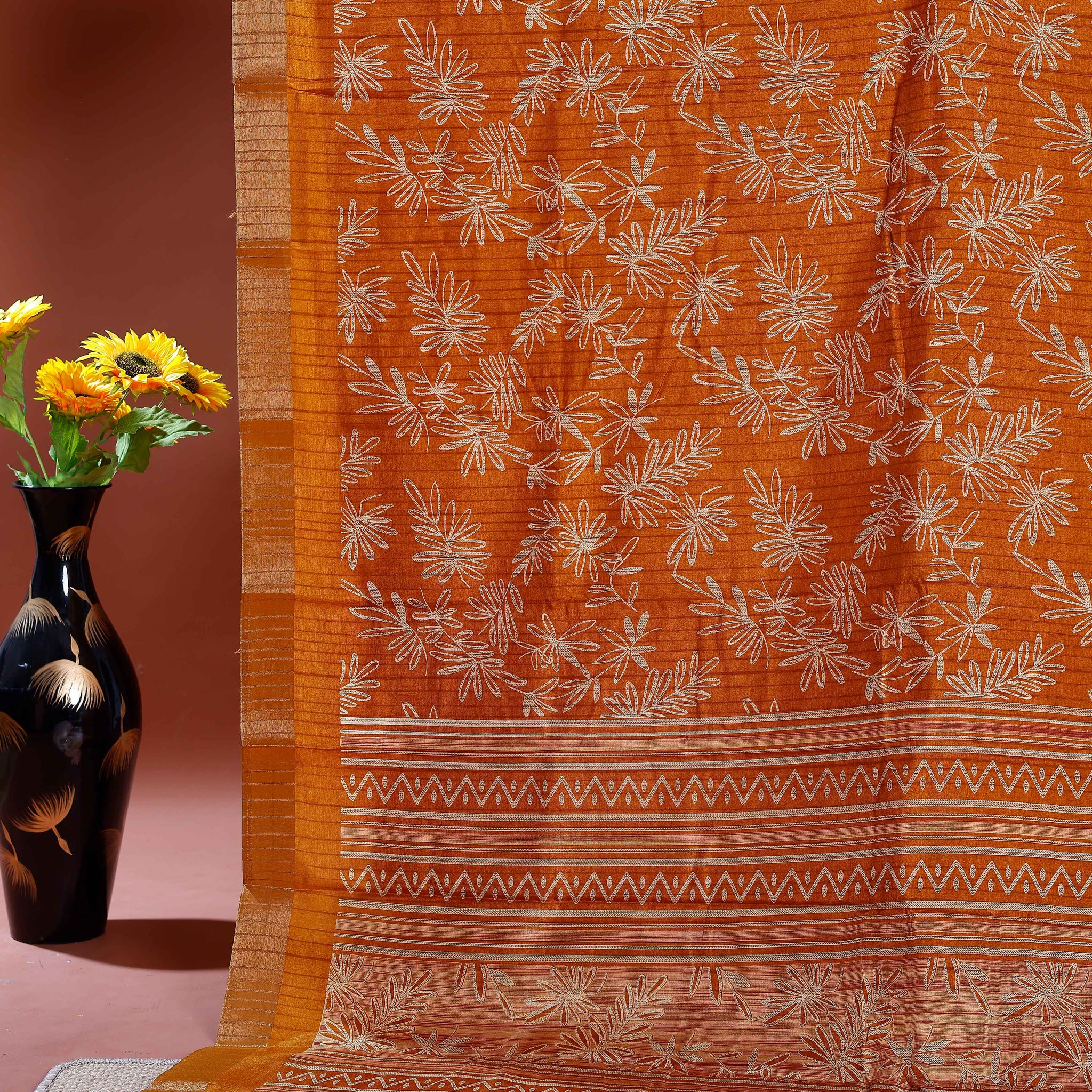 Floral Pattern Dola Silk Saree With Contrast Border - Yellow