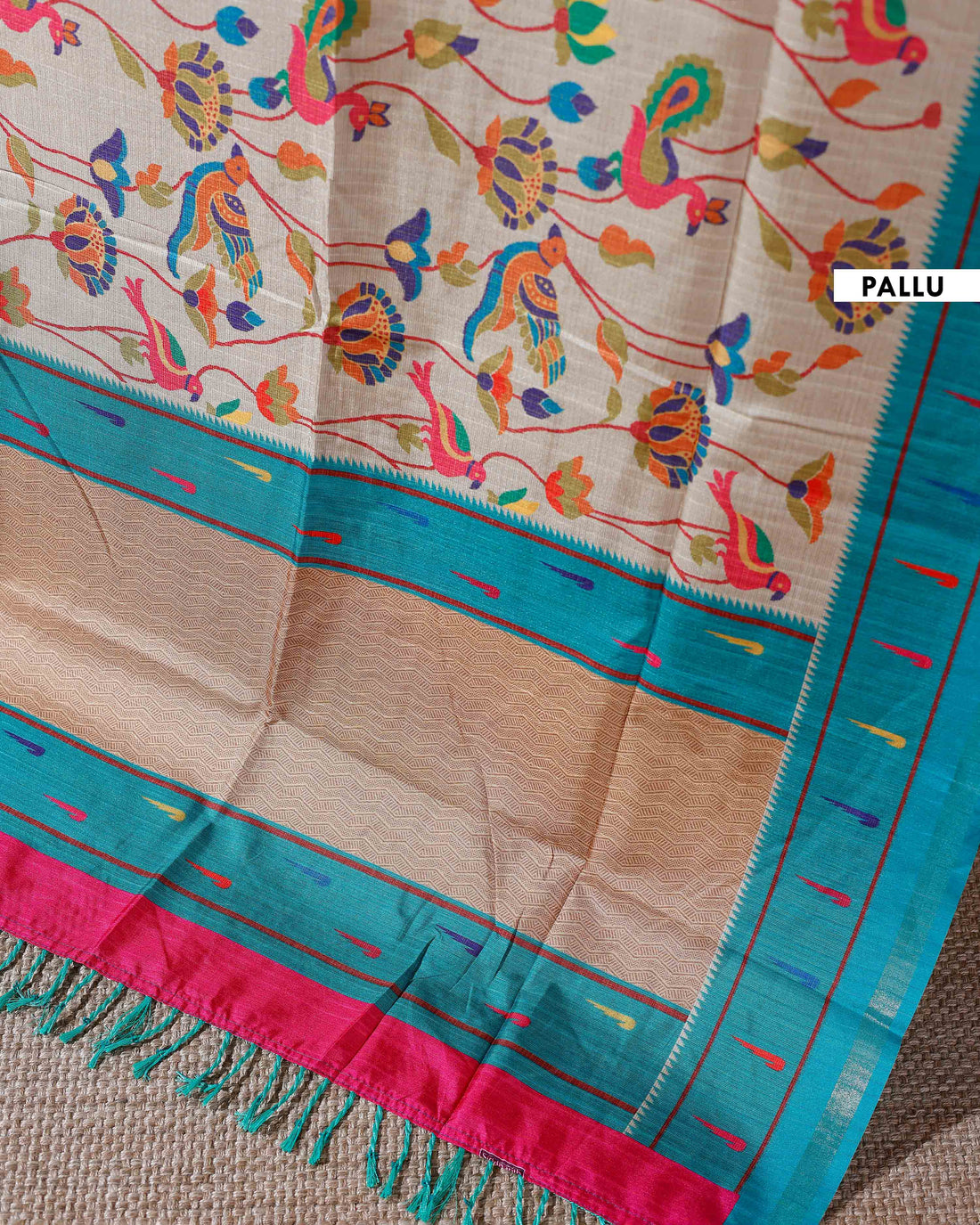 Traditional Kota Cotton Saree with Intricate Floral and Paisley Weaving and Contrast Woven Border - Sandal