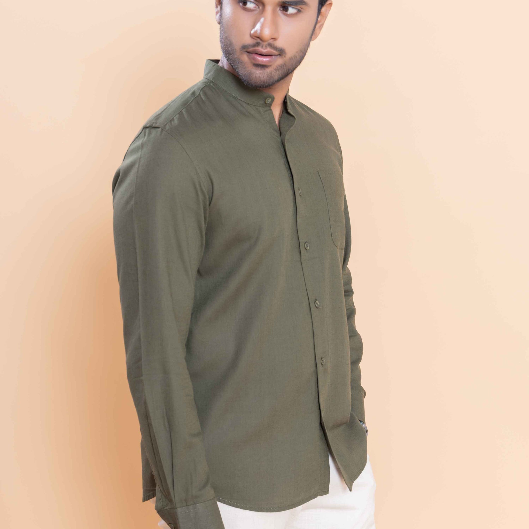 Nativebull Men Solid Full Sleeve Linen Blend Shirt - Olive Green