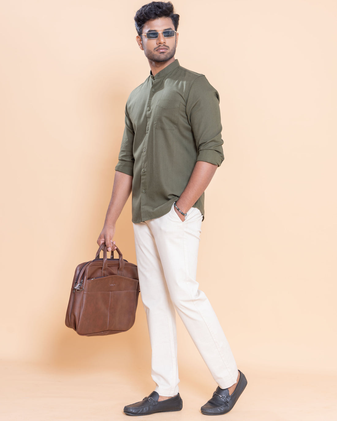 Nativebull Men Solid Full Sleeve Linen Blend Shirt - Olive Green