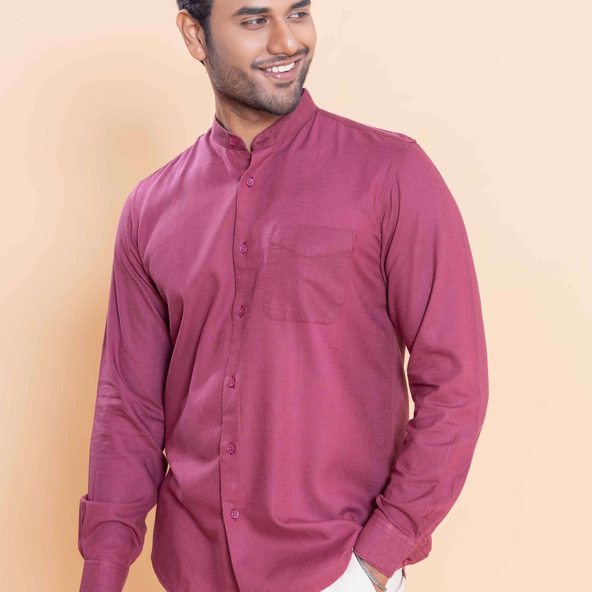 Nativebull Men Solid Full Sleeve Linen Blend Shirt - Maroon