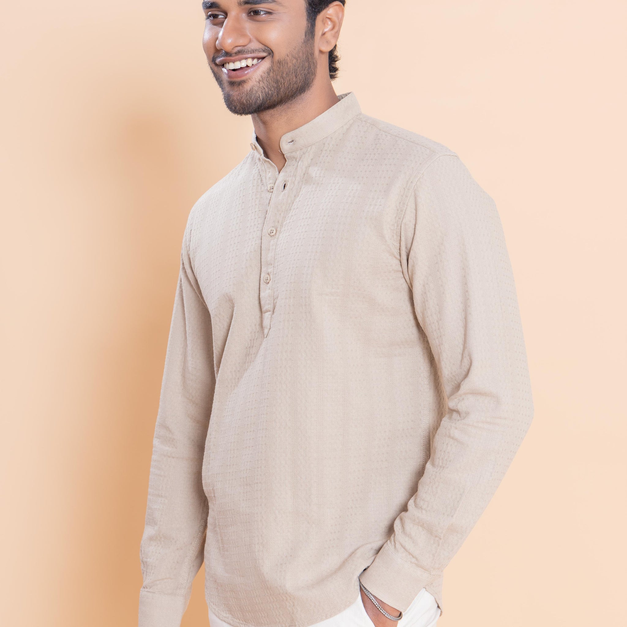Nativebull Men Textured Full Sleeve Cotton Shirt - Beige