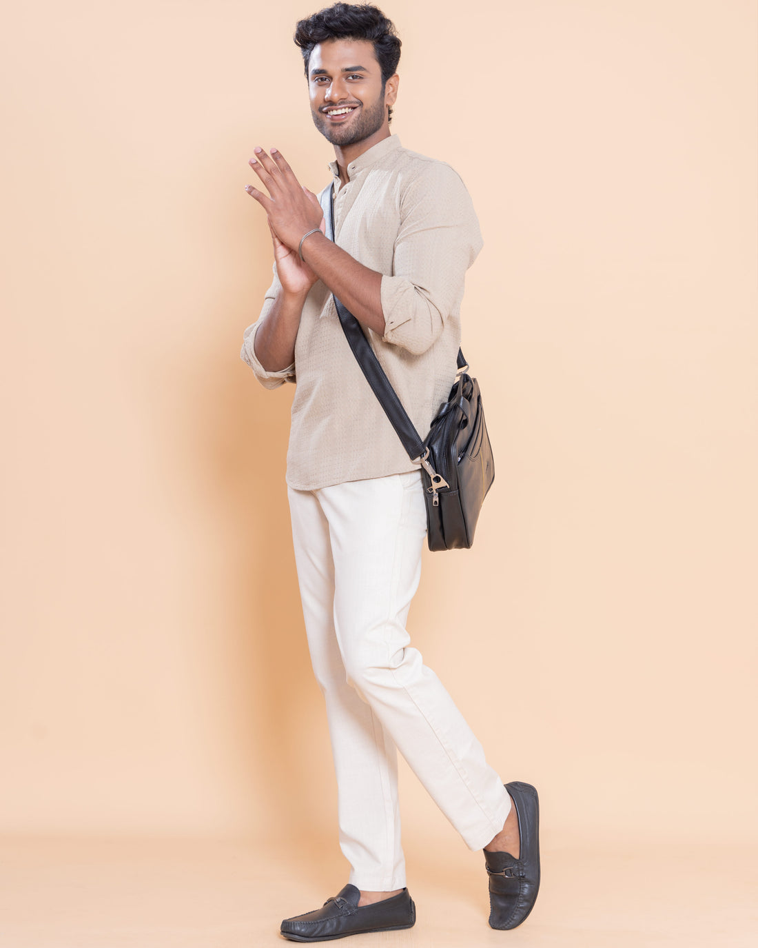 Nativebull Men Textured Full Sleeve Cotton Shirt - Beige