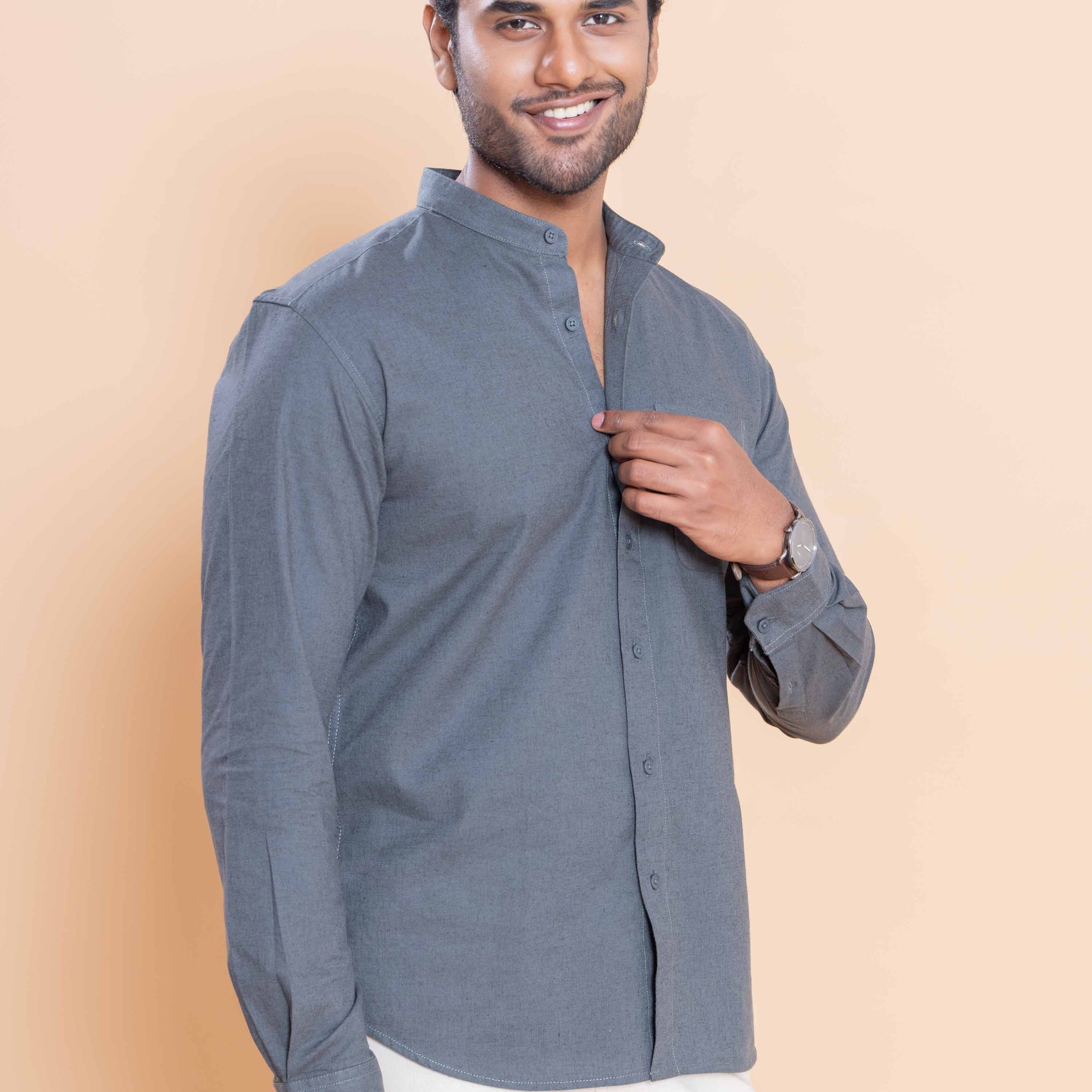 Nativebull Men Solid Full Sleeve Cotton Shirt - Dark Grey