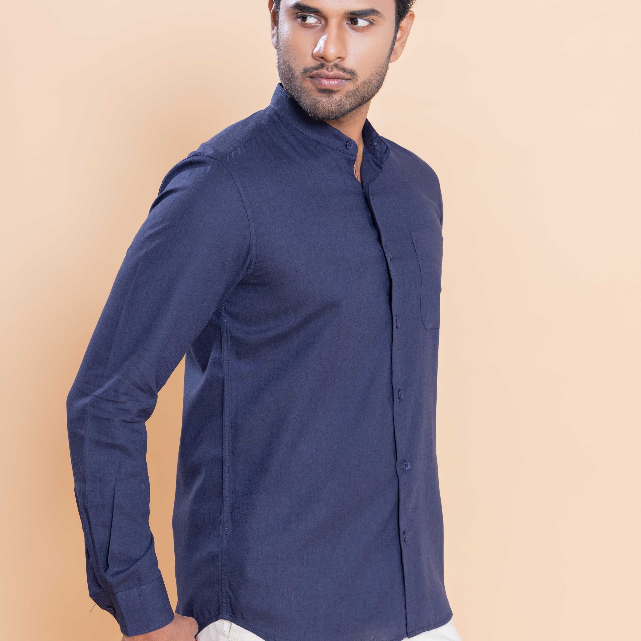 Nativebull Men Solid Full Sleeve Linen Blend Shirt - Navy Blue