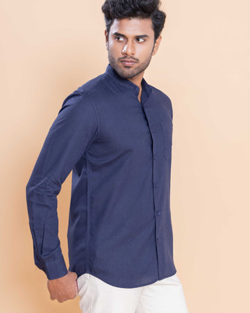 Nativebull Men Solid Full Sleeve Linen Blend Shirt - Navy Blue